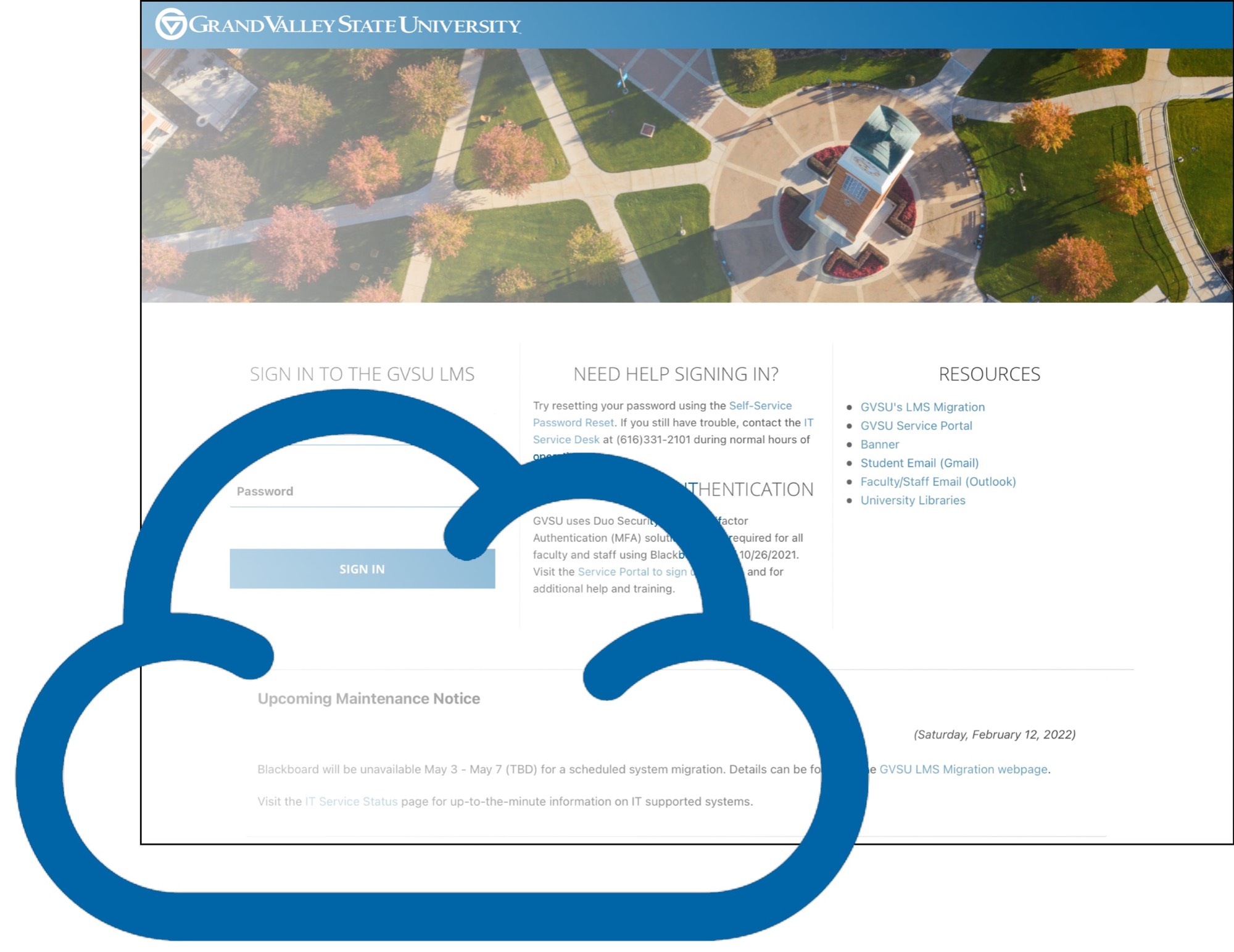 Illustration of a cloud over a Blackboard login page